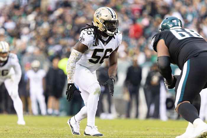 New Orleans Saints linebacker Demario Davis (56) against the Philadelphia Eagles. Mandatory Credit: Bill Streicher-USA TODAY Sports